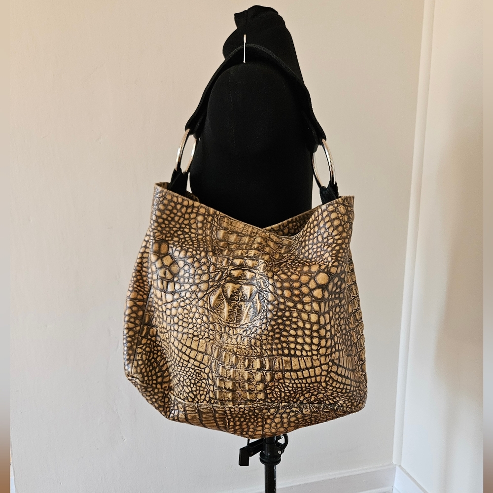 VGUC Capisce? Crocodile Embossed Leather Shoulder Tote Bag Natural/Tan/Black